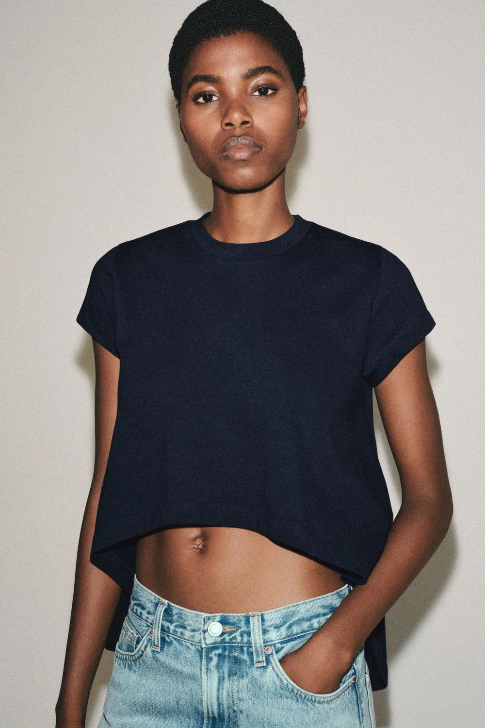 Асимметричная хлопковая футболка ZARA, Navy blue — фото 2