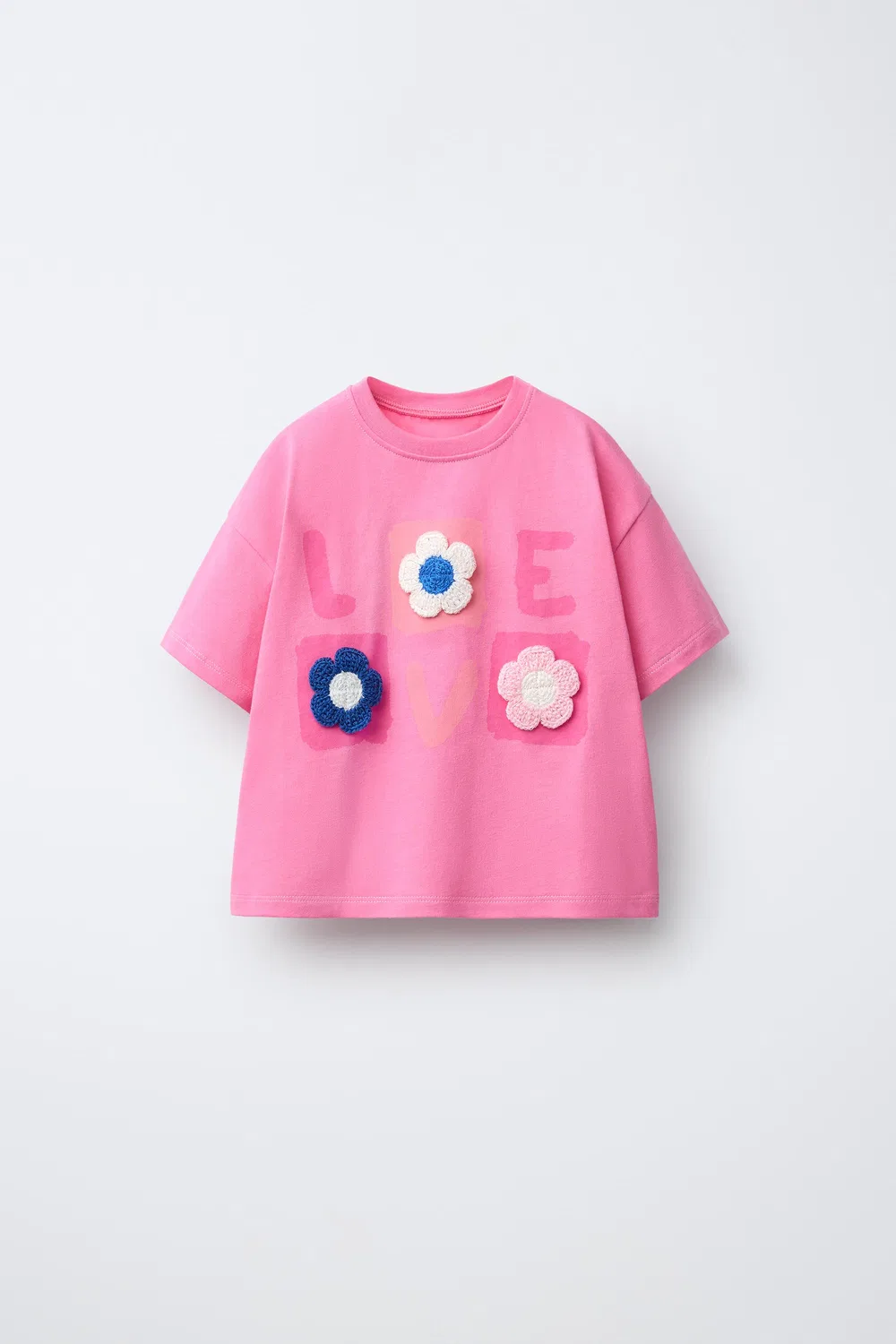 Футболка с цветочной аппликацией, связанная крючком ZARA, Bubble Gum