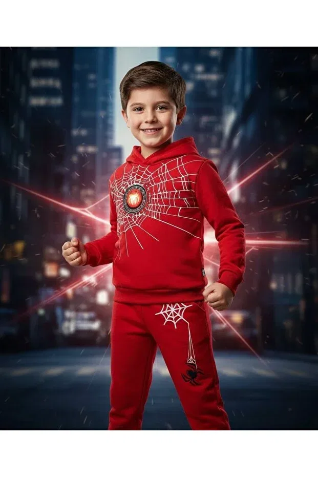 Детский спортивное комплект для мальчиков с принтом Spiderman Printed Lighted Tracksuit Set Etç Baby, Red — фото 2