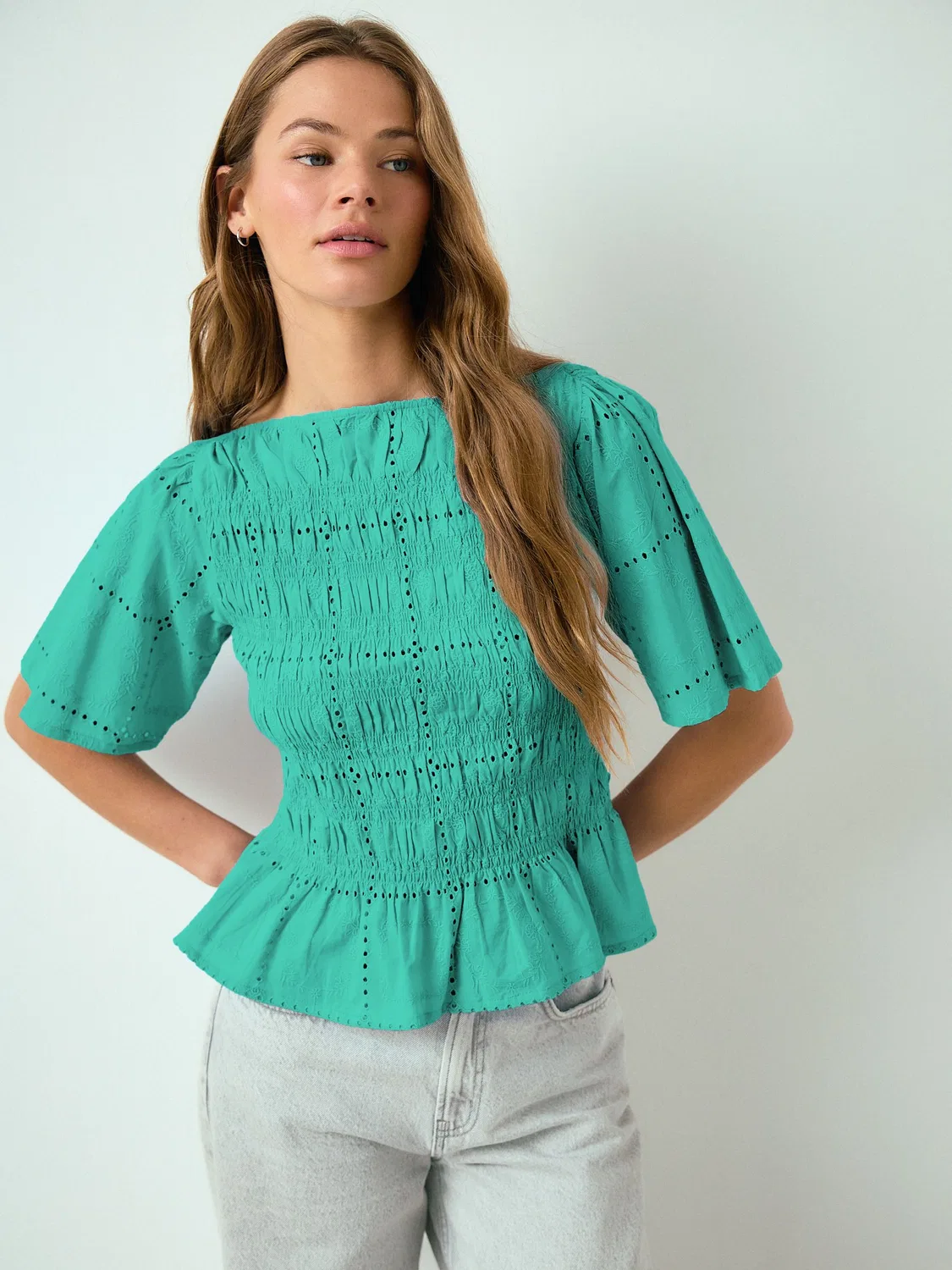 Топ с воланами, модель Green Smocked Slash Neck Short Sleeve Next, зеленый — фото 3