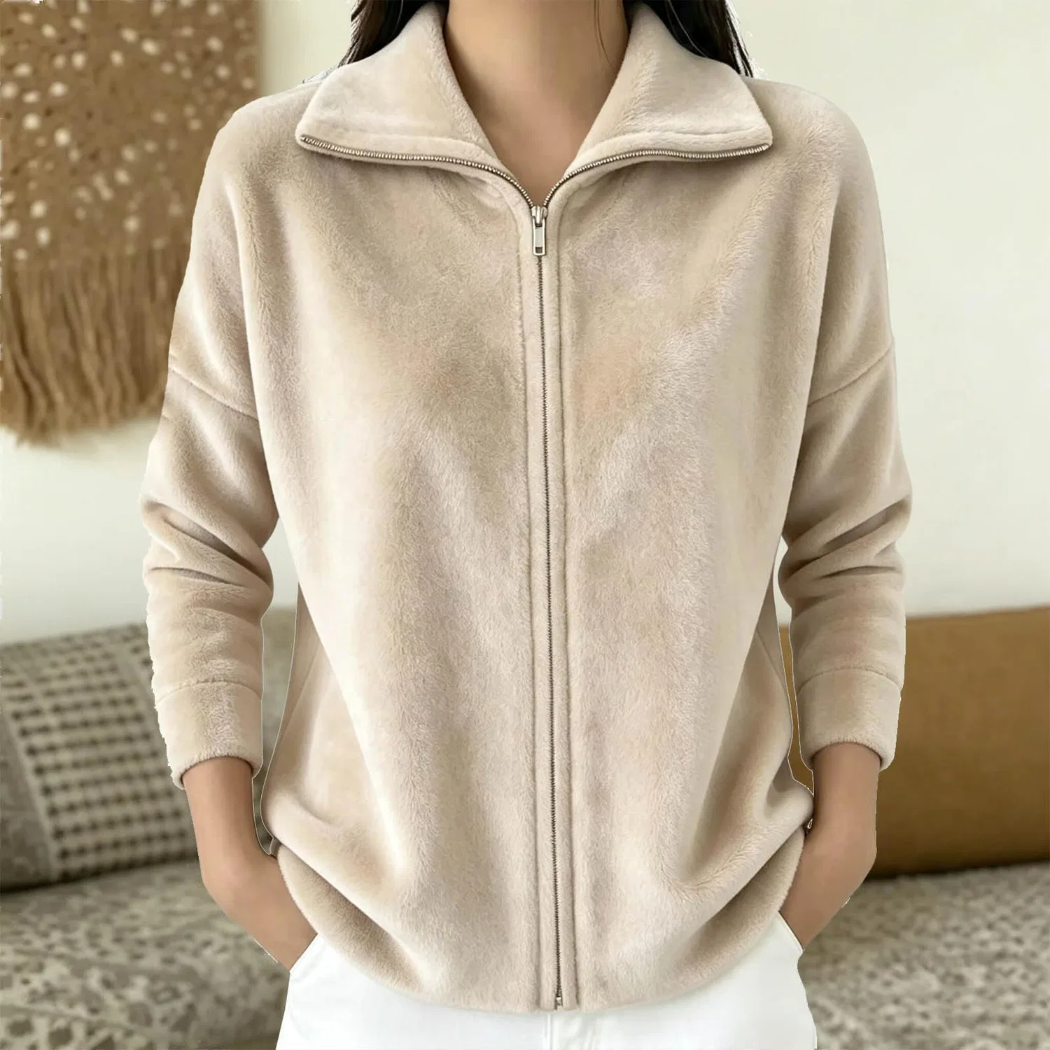 Женское зимнее пальто с молнией, однотонное, для полных, Beige — фото 2