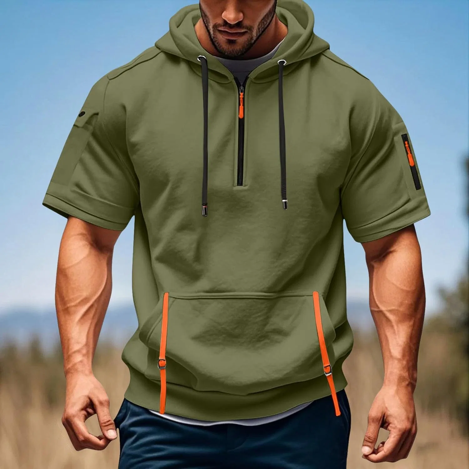 Мужская худи с капюшоном на молнии, легкая летняя, Army Green — фото 2