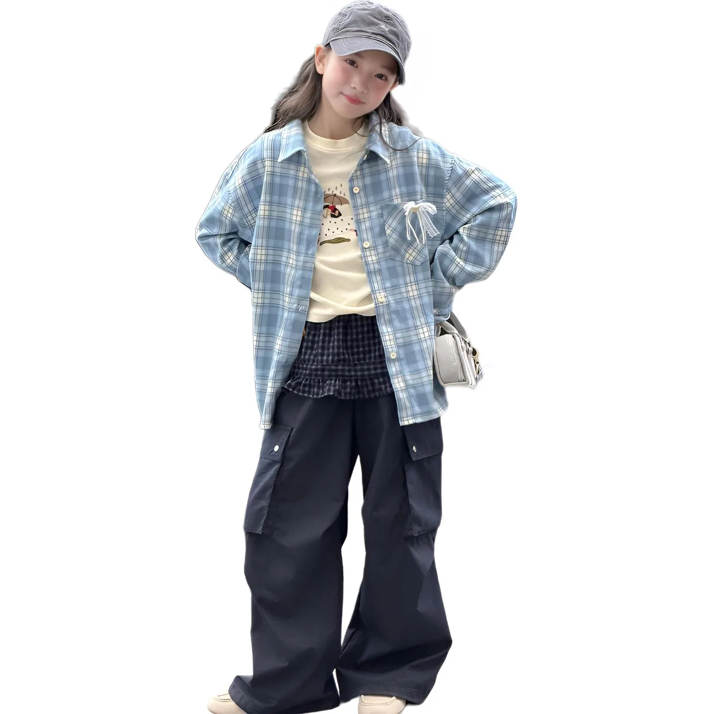 Детский комплект из рубашки и карго-брюк с юбкой-клапаном, модель Blue Plaid Shirt+Cargo Pants with Skirt Flap, MADALLO, Blue Plaid Shirt+Cargo Pants with Skirt Flap