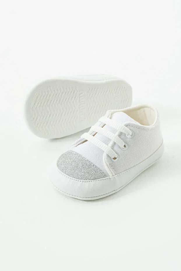 Детские ботинки для девочек на шнуровке First Step Non-Slip Sole Lace-Up Glitter Detail Comfortable Baby Girl Shoes Booties Yummy Kids, White/Grey — фото 4
