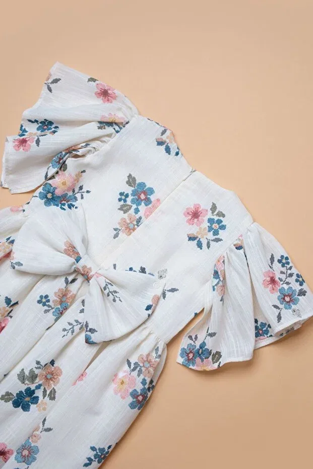 Детское платье для девочек с принтом Floral Retro Eid Dress Little Pumpkin, White — фото 3