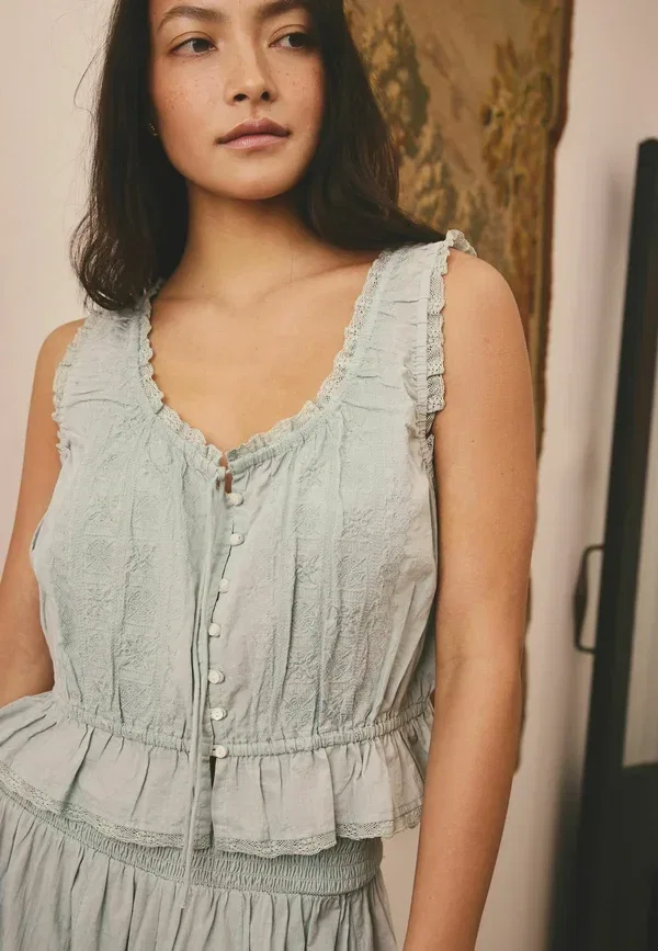Пижамный комплект из хлопка Regular fit cotton embroidered built up vest and wide leg floaty pyjama bottoms set Next, pale blue, бледно-голубой — фото 3