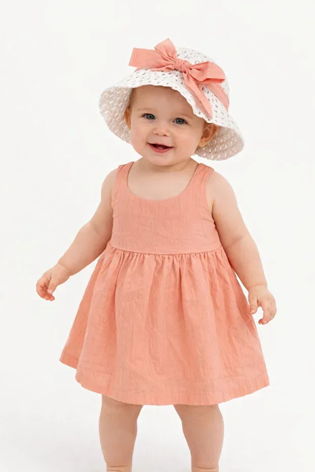 Детское платье для девочек хлопковое 2-предметный комплект Sweet baby girl summer dress with bow hat cotton 2-piece dress Chicsy Baby, Salmon
