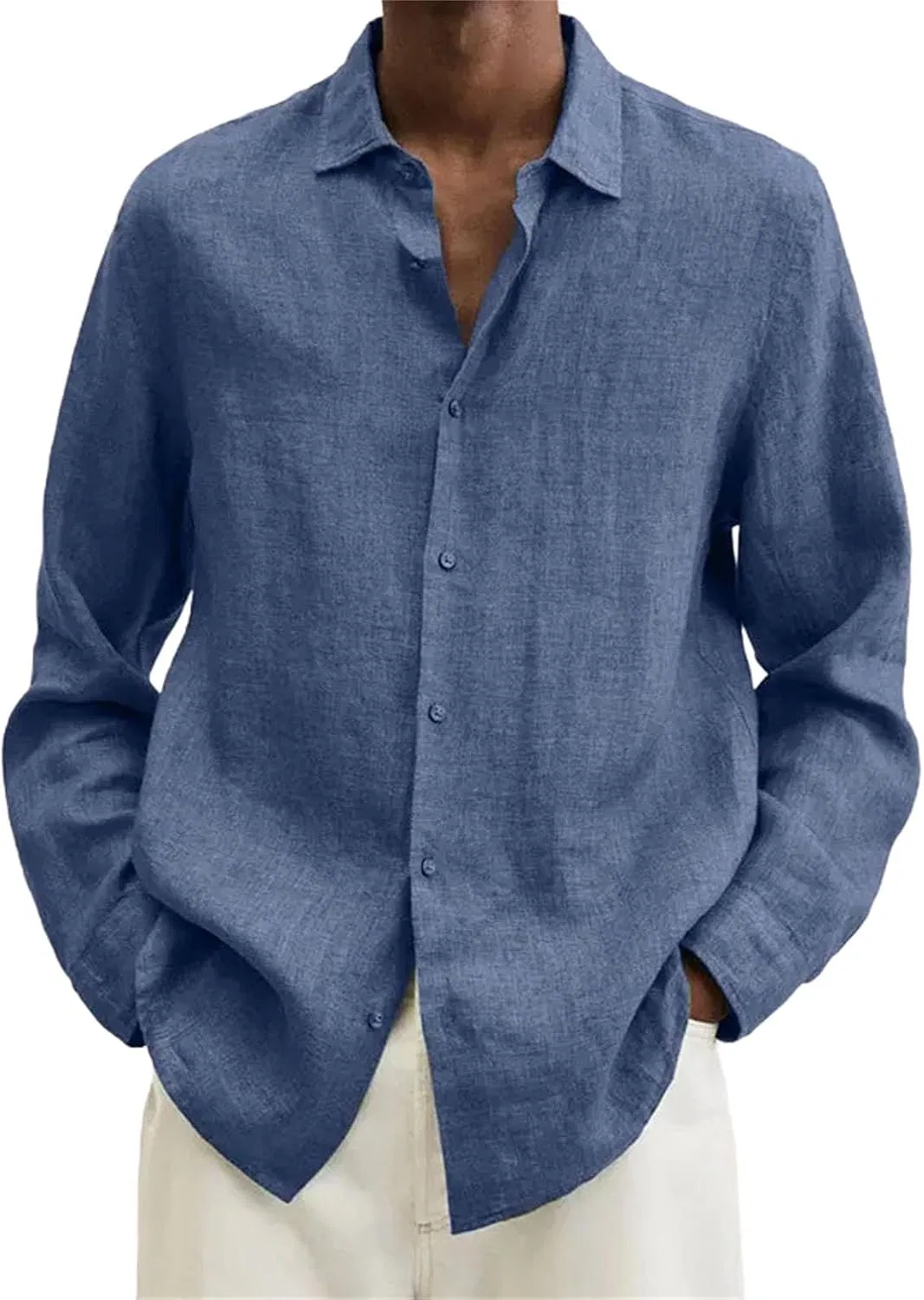Мужская рубашка с длинным рукавом, модель Simple Linen, синий
