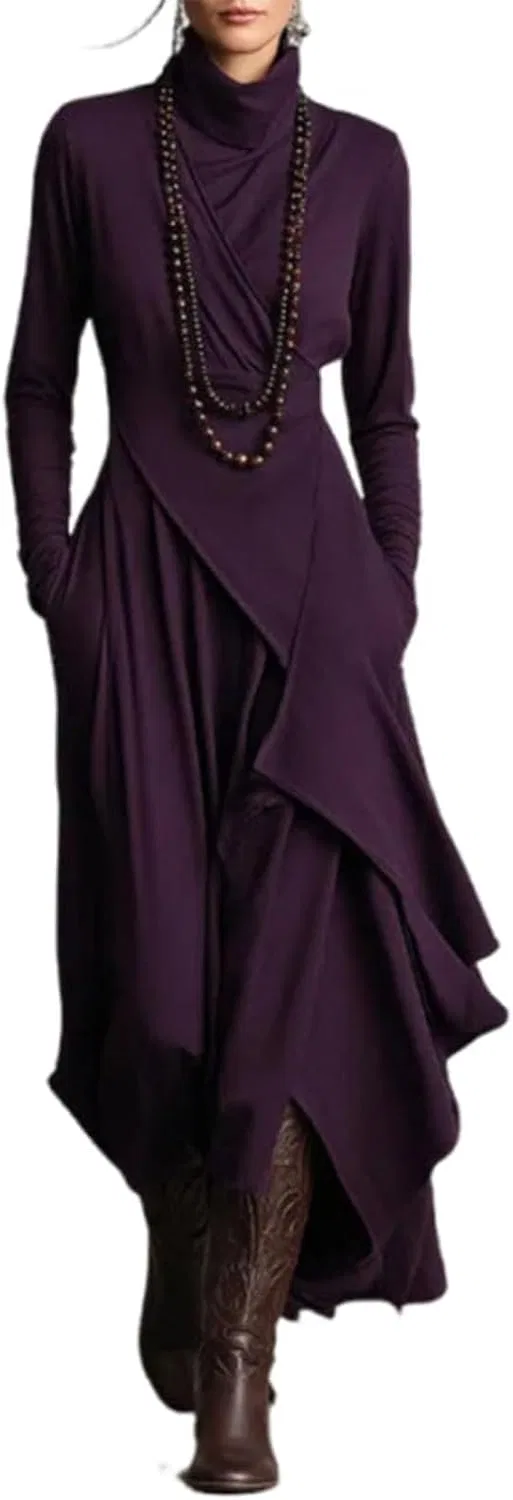 Женское платье макси с высокой горловиной асимметричное, Purple