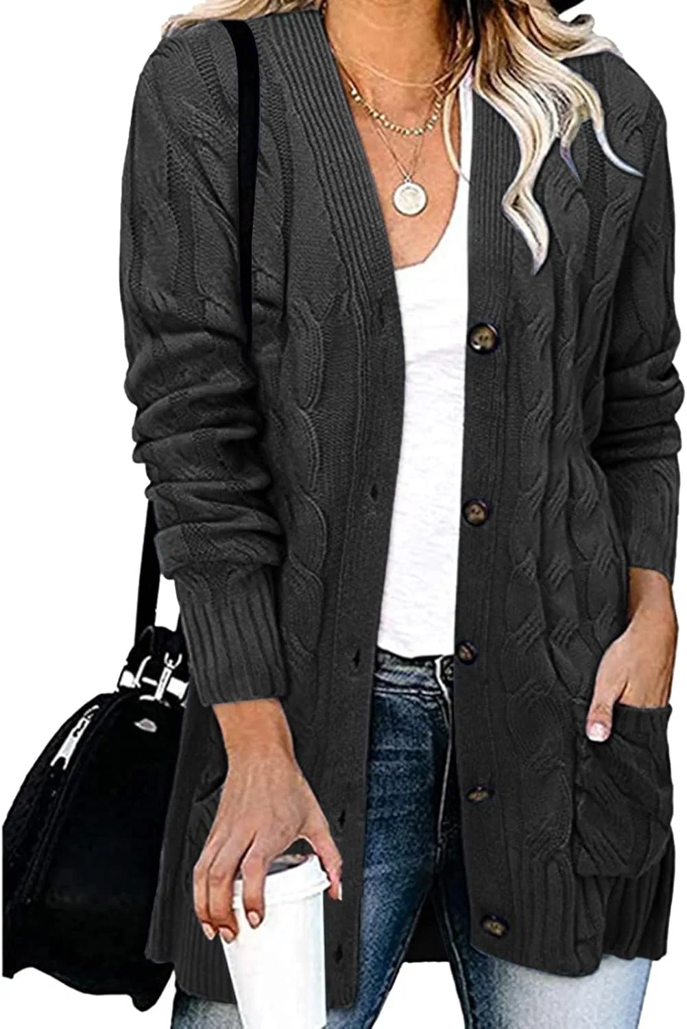 Женский кардиган на пуговицах с косами, модель Open Front Cardigan, тёмно-серый — фото 2