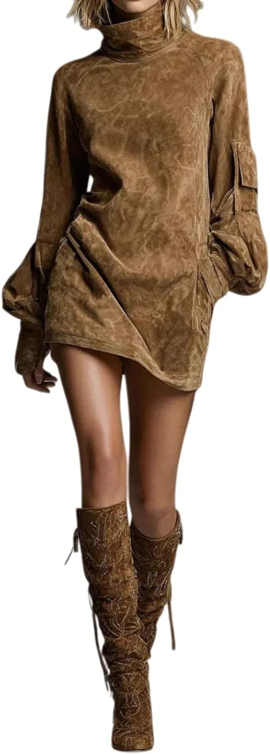 Женское мини-платье из замши с высоким воротом Loose, Caramel