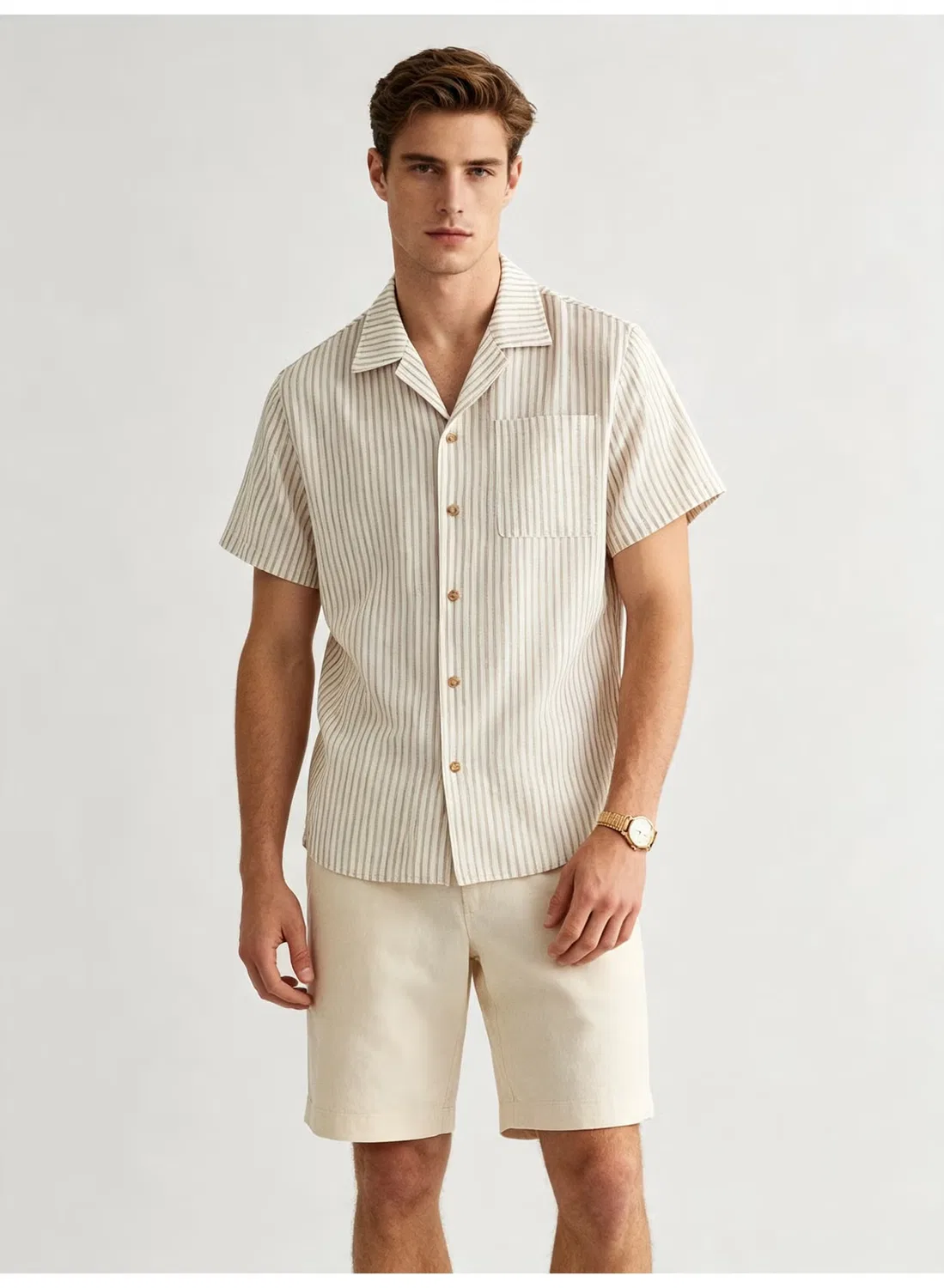 Рубашка с коротким рукавом и принтом в вертикальную полоску Camp Collar Zara, бежевый — фото 4