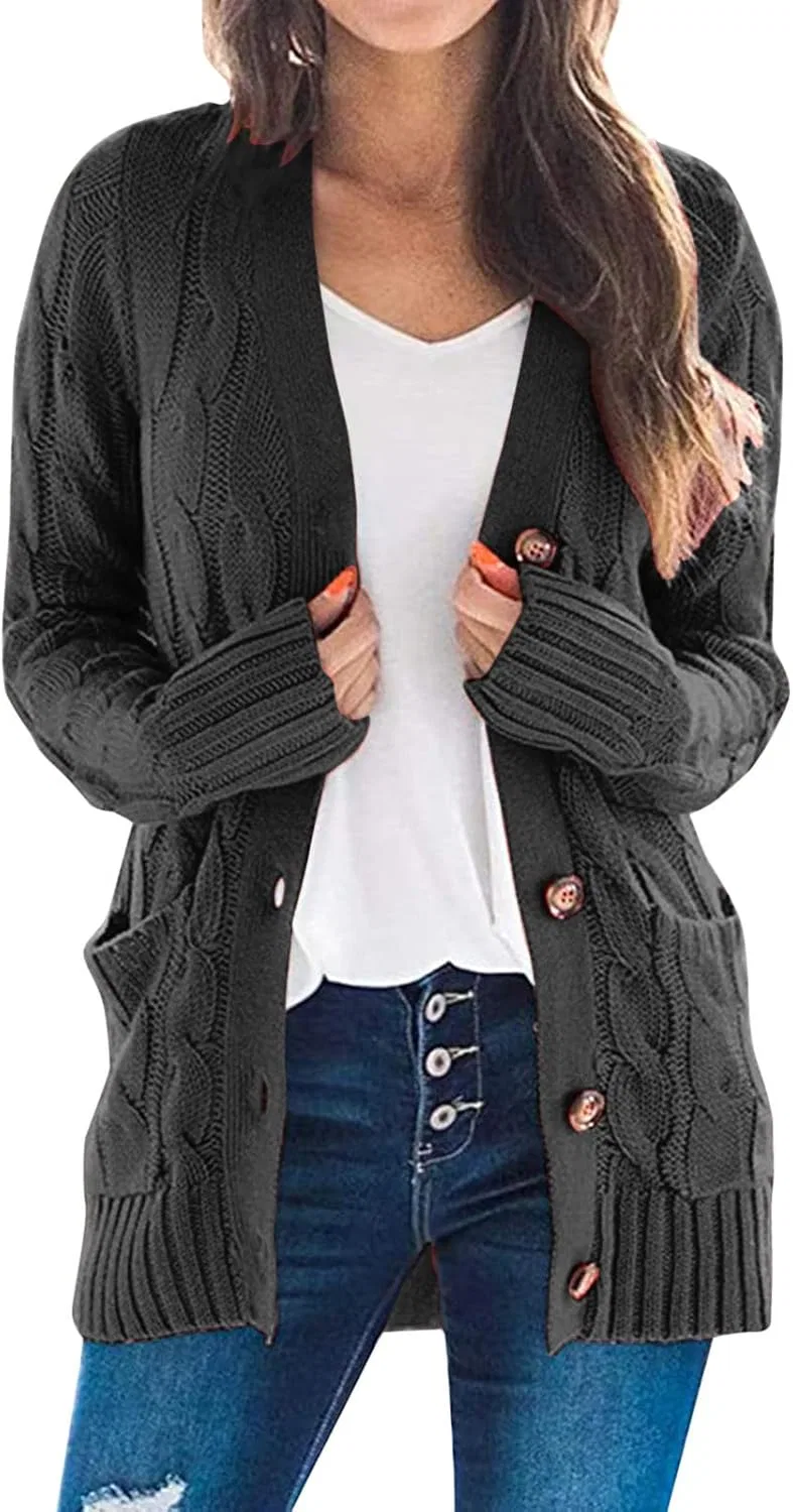 Женский кардиган с пуговицами, с длинным рукавом, косая вязка, X4-dark Gray