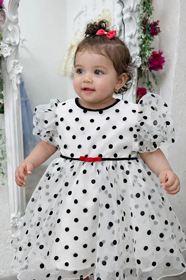 Детское платье для девочек с принтом Polka dot patterned baby girl dress Mira, White