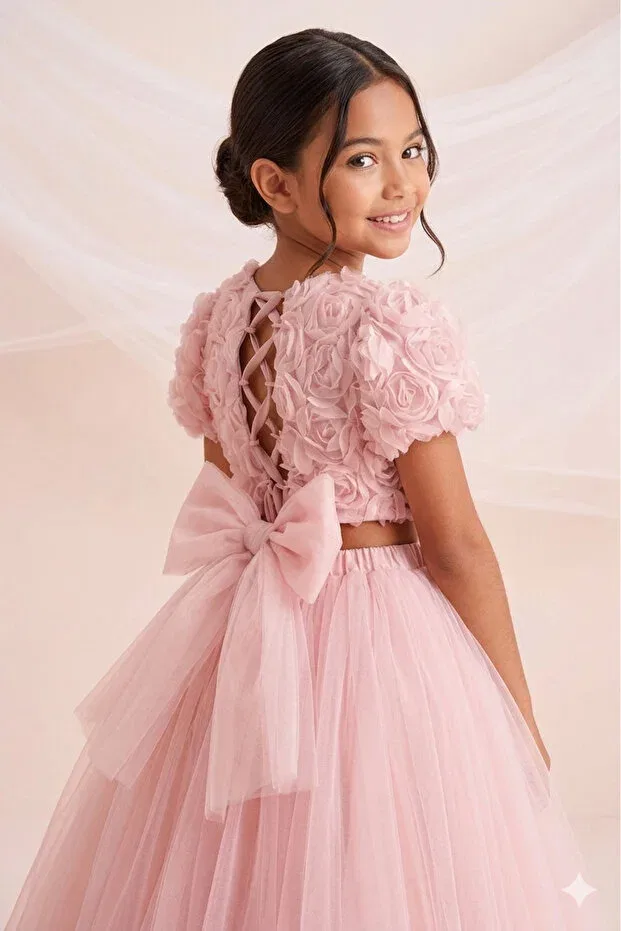 Детское платье для девочек кружевное Rose embossed girl's special occasion dress Perinin Dolabı, Pink — фото 2