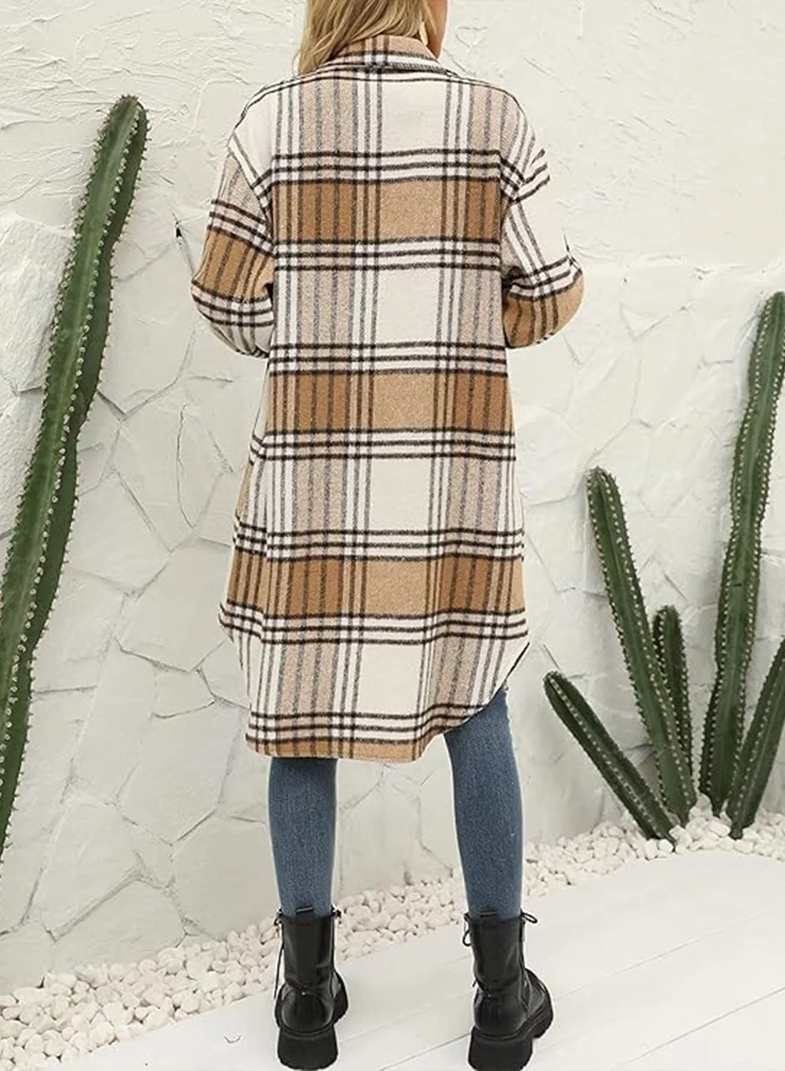 Женская куртка-рубашка с принтом в клетку Womens-Shacket-Vintage Retrò, Dark Khaki — фото 3