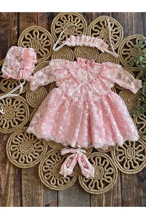 Детский комплект платьев для девочек кружевной Pink dream baby girl dress set Asrın Tasarım Atölyesi, Pink