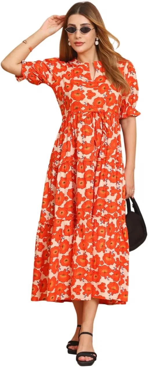 Женское хлопковое платье миди с принтом Rianshi craft, Orange Floral