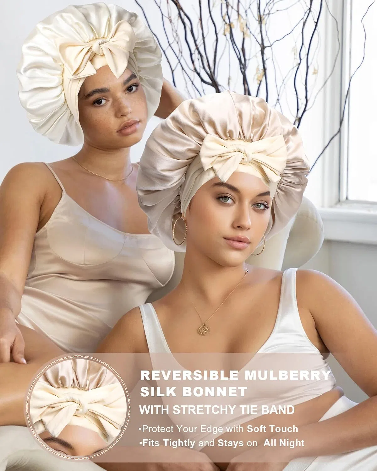 Двухслойная двусторонняя шапочка для сна с галстуком для волос, AWAYTR, Beige and Champagne — фото 3