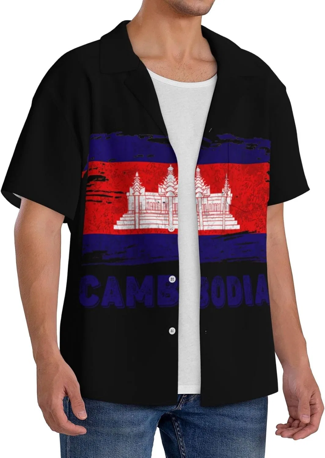 Мужская повседневная рубашка с флагом Камбоджи Cuba Collar, Black — фото 2