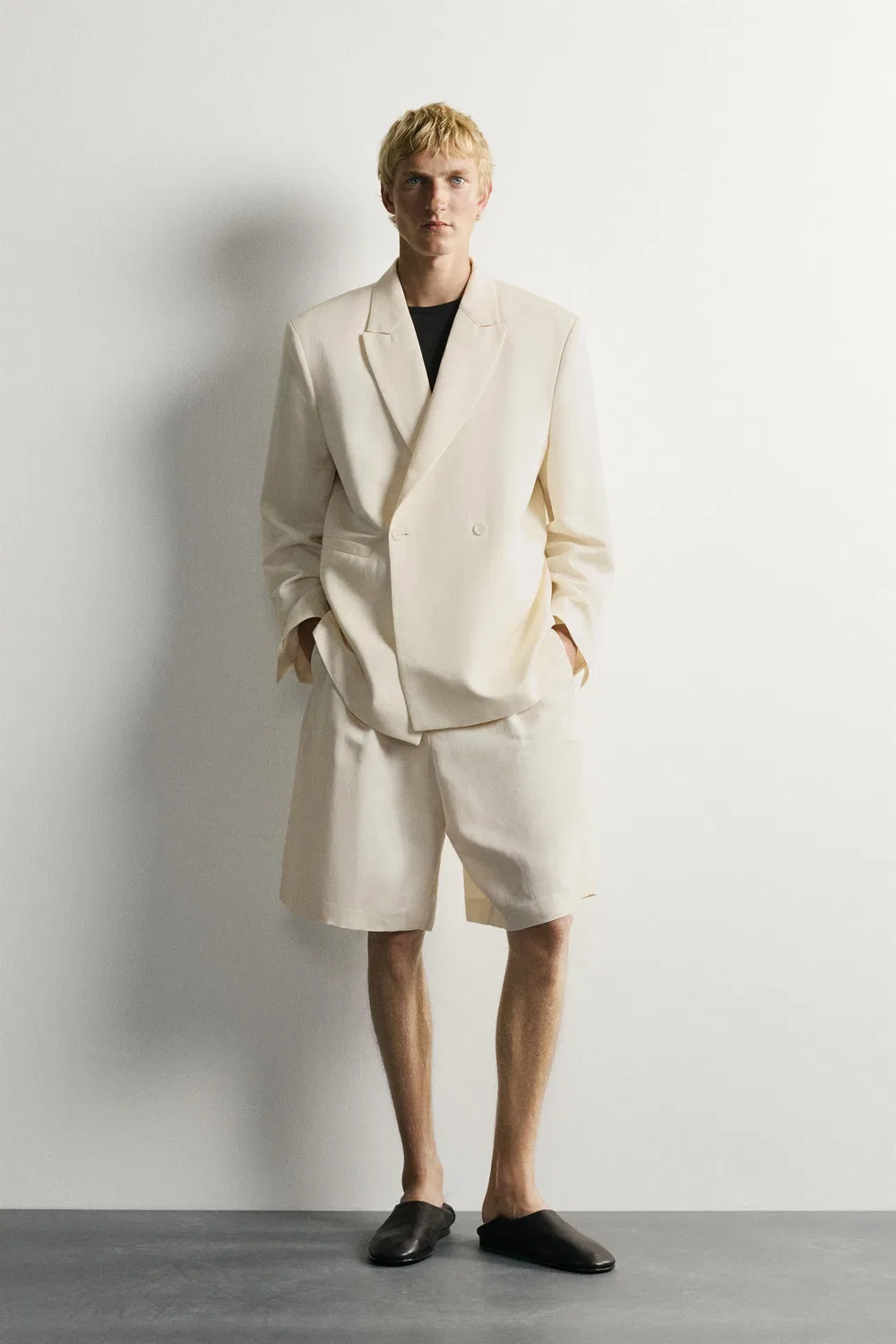 Двубортный пиджак из вискозы и льна ZARA, Oyster-white