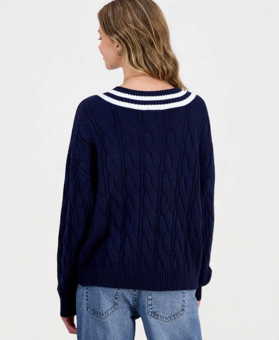 Свитер с v-образным вырезом и косами, модель Varsity Hippie Rose, Navy Blazer — фото 3