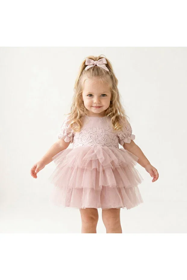 Детское платье для девочек с коротким рукавом Nell Tutulu Buckle Eid Special Occasion Aysskids, Powder — фото 4