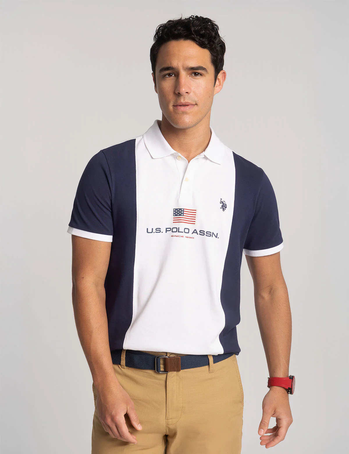 

Футболка-поло U.S. Polo Assn Chest Flag Color Block Pique, белый/темно-синий