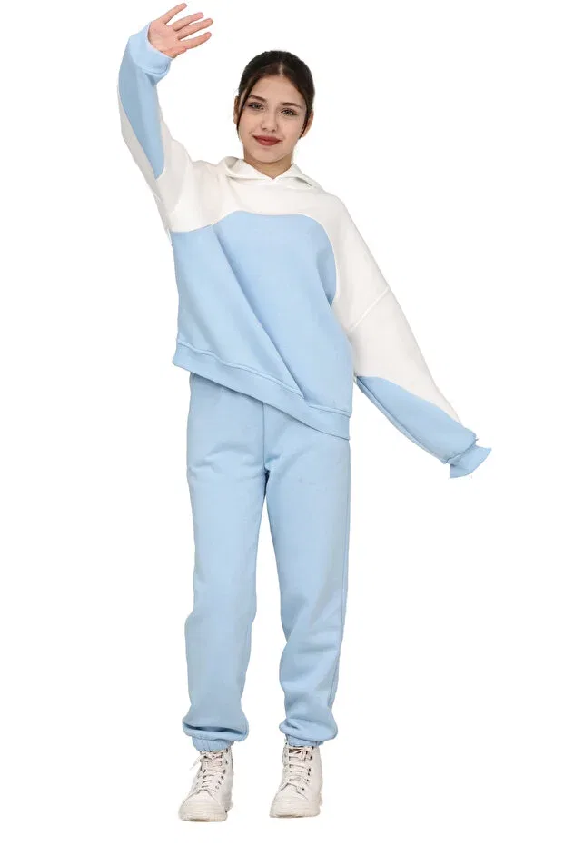 Детский спортивный костюм для девочек из футера с капюшоном Erdem Kids, Baby Blue-Ecru — фото 2