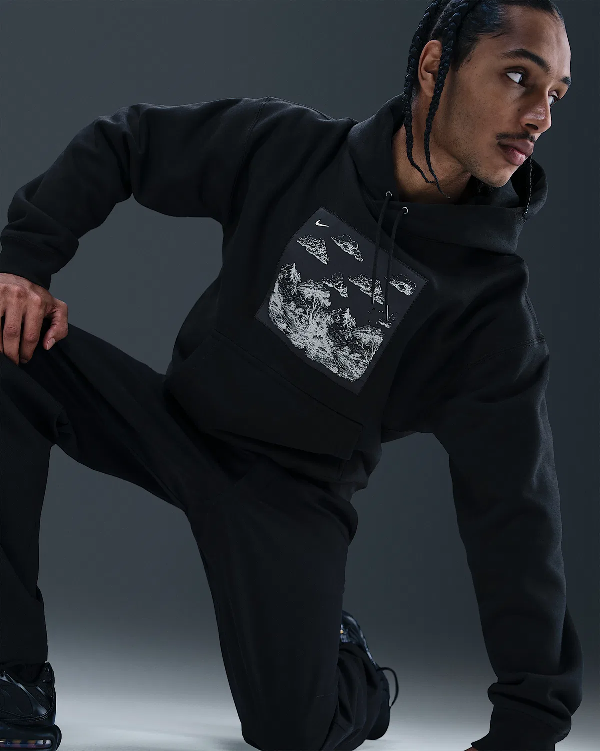 Мужская флисовая худи-оверсайз Nike Solo Swoosh, Black/Anthracite — фото 3