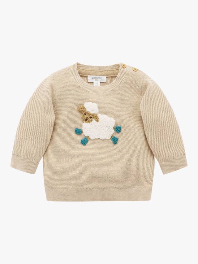 

Детский свитер из хлопка и шерсти с фермерским принтом Purebaby, Almond Melange