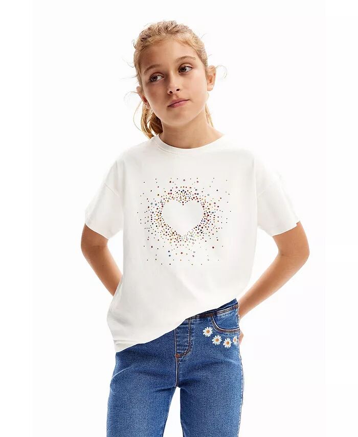 

Футболка для девочек со стразами и сердцем Desigual, белый