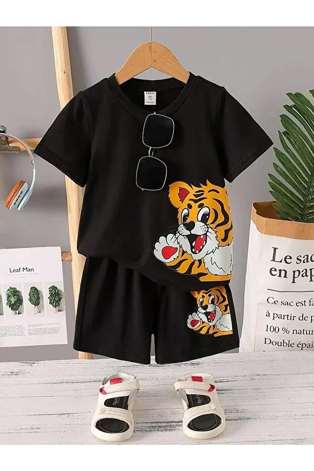Детский комплект футболки и шорт с принтом для мальчиков Tiger Printed Revasser, Black