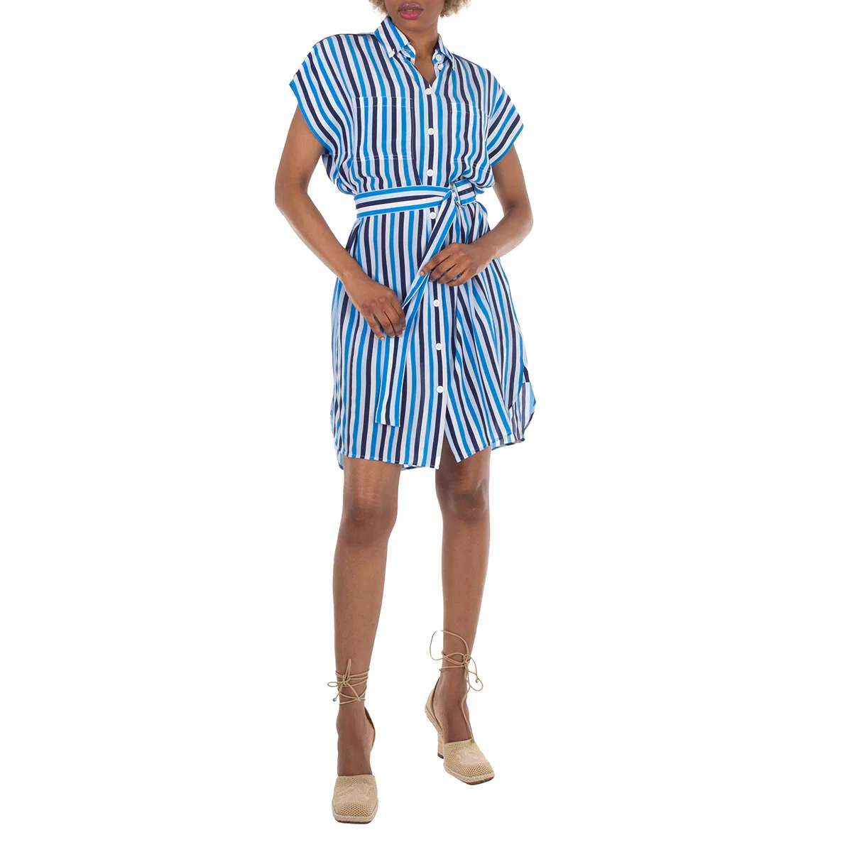 Платье женское с коротким рукавом, в полоску, из шелка Burberry, Pale Blue Ip Pat