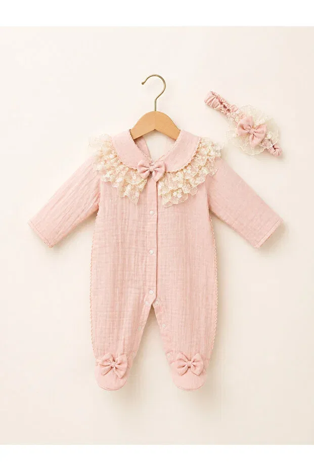Детский комбинезон для девочек с принтом Bow and lace detailed detachable collar Kardeşler Bebe, Powder