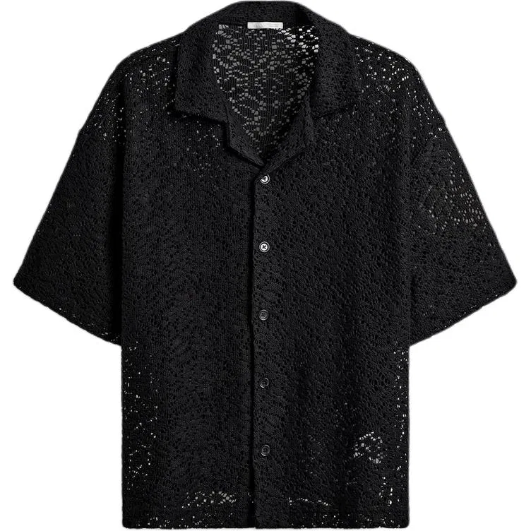 Мужская рубашка с кубинским воротником Black ZARA, Black