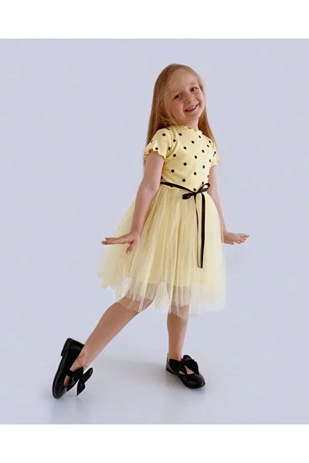Детское платье для девочек с принтом Linda short sleeve girls princess fluffy tutu yellow polka dot stretchy lycra tulle tutu dress Şirin Şeyler Butiği, Yellow-Short — фото 3