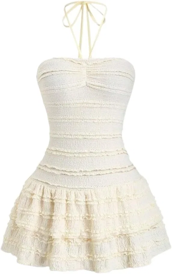 Женское мини-платье на бретелях с воланами Knitted Fabric, Yellow