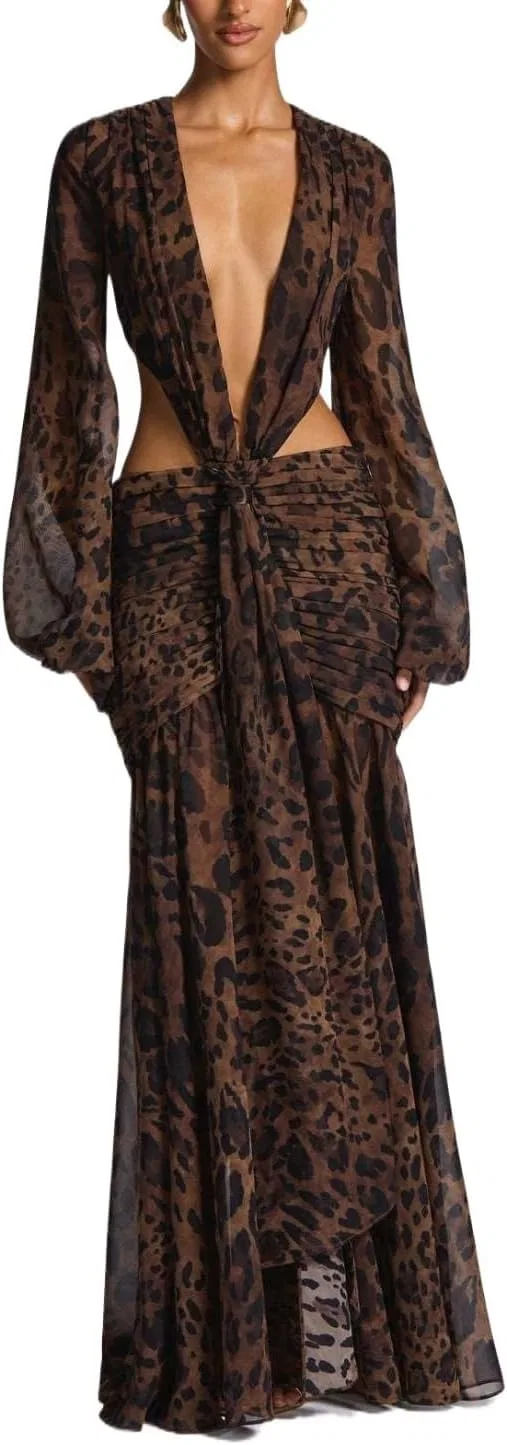 Женское шифоновое платье макси с вырезами, Leopard Print
