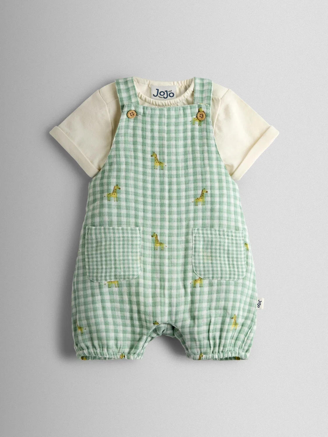 Комбинезон с боди, в клетку с жирафом, JoJo Maman Bébé, зеленый — фото 2
