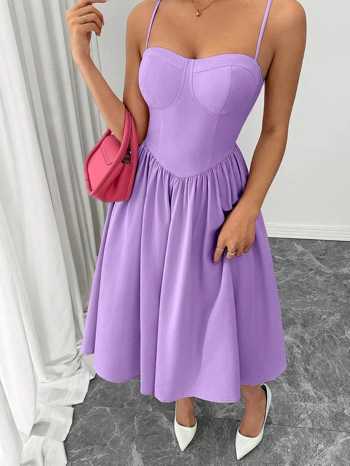 Женское элегантное платье миди на тонких бретелях, Mauve Purple — фото 4