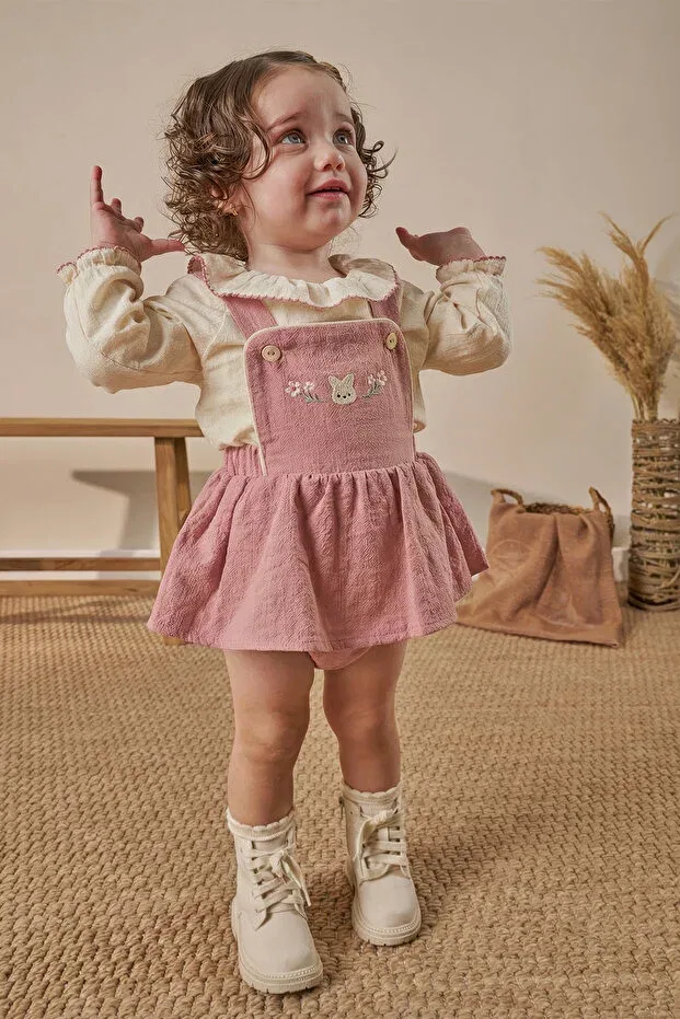 Детский комбинезон для девочек с длинным рукавом Embroidery detailed holiday dress for baby girls with shirt, salopet dress Minipodyum, Powder