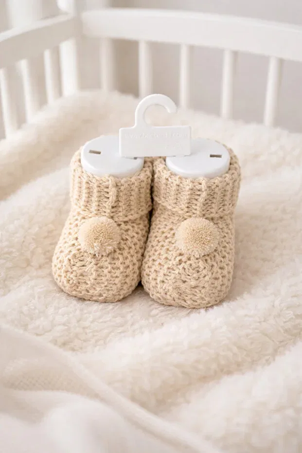 Детские пинетки трикотажные с помпонами Atlas Baby House, Beige — фото 3
