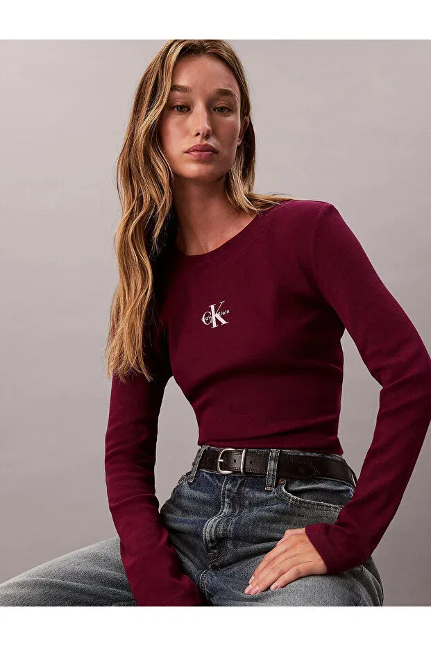 Женская хлопковая футболка с длинным рукавом Calvin Klein, Burgundy — фото 4