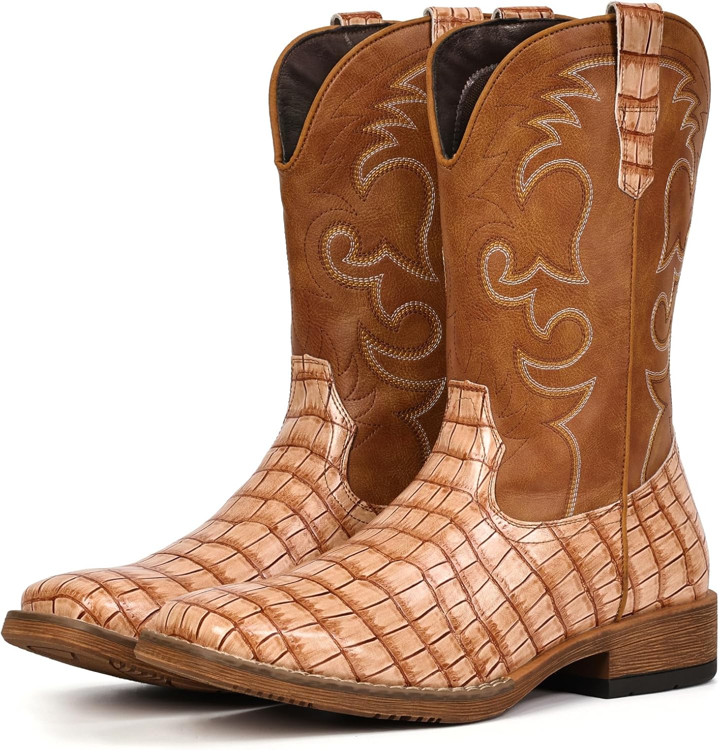 

Мужские ковбойские ботинки IUV в западном стиле с принтом каимановой кожи, широкие, модные, с вышивкой, на молнии, противоскользящие, светло-коричневый