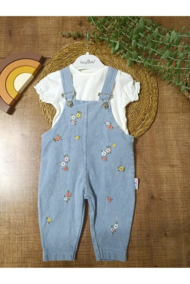 Детский комбинезон для девочек джинсовый с принтом Floral Embroidered Denim Jeans Baby Girl Salopet Set Gardener Holiday Set Baby Buu, Blue — фото 2