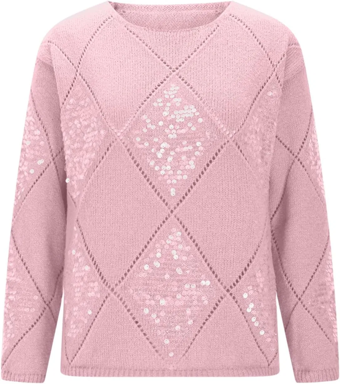 Женский свитер с пайетками, с длинным рукавом, Ribbed Knit Pullover, розовый — фото 4