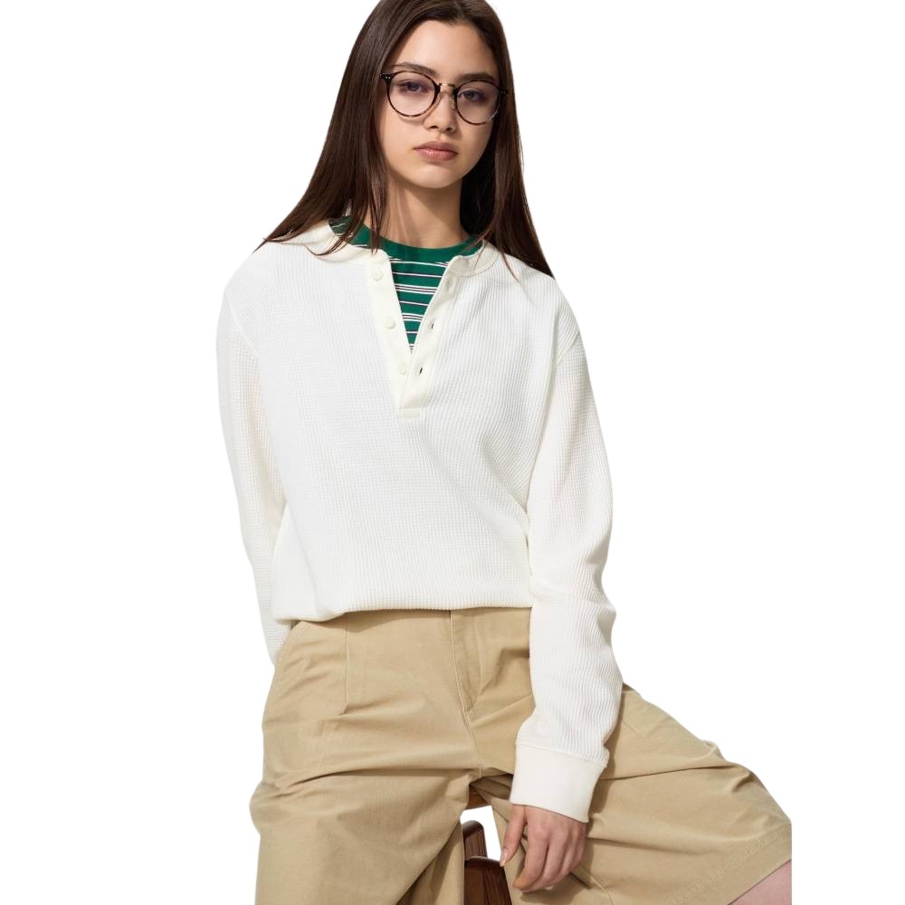 Лонгслив Uniqlo Waffle Henley Neck T-Shirt Unisex, 01 белый — фото 3