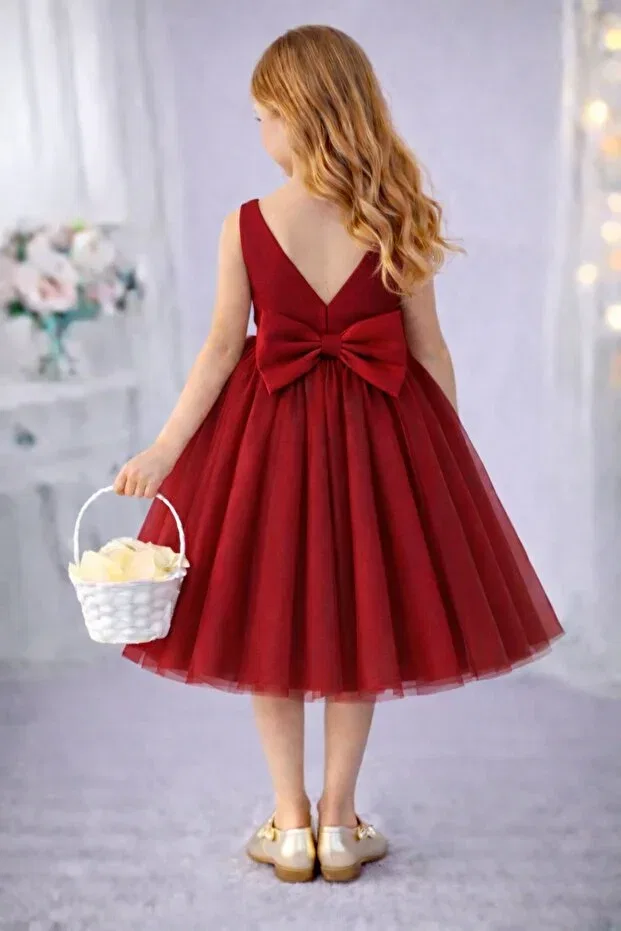 Детское платье для девочек с запахом Sare model Girl's Burgundy Wrap Collar Mini Plain Skirt Puffy Ball Gown & Birthday Dress Suneh, Burgundy — фото 2