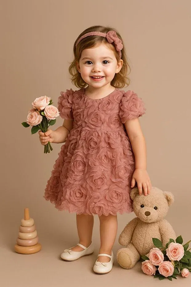 Детское платье для девочек с принтом 3D Rose Patterned Glitter Special Day Dress and Headband Set Mary Kids, Pink